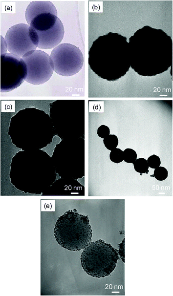 TEM images of the (a) THPC-reduced gold seeds on silica nanoparticles, (b) ∼20 nm thick palladium shell-coated silica nanoparticles, (c) C12SH-coated ∼20 nm palladium nanoshells, (d) C16SH-coated ∼20 nm palladium nanoshells, and (e) (b) palladium shell-coated silica nanoparticles in the absence of THPC-reduced gold seeds. Note the different scale bar for image (d).