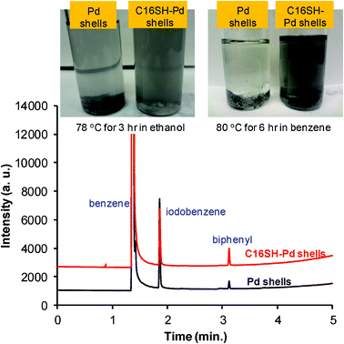 Digital images (top) and gas chromatogram (GC, bottom) of bare palladium nanoshells and C16SH-coated palladium nanoshells after the Suzuki–Miyaura coupling reaction.