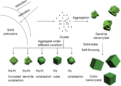 Schematic illustrating of a possible mechanism that lead to Pd-based nanocrystals with different shapes.