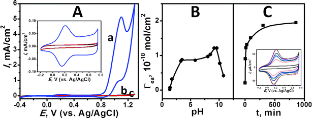 (A) Cyclic voltammograms (CVs) of (a) an iridium oxide colloid assembled (Γea = 1.89 × 10−10 mol cm−2), (b) PAH-functionalized, and (c) bare glassy carbon electrodes in a 0.05 M phosphate buffer (pH 7.2) measured in the potential ranging from −0.4 to 1.3 V (vs. Ag/AgCl) at 50 mV s−1. Inset illustrates the corresponding CVs in the potential range of −0.2–0.75 V. Effects of pH (B) and treated time (C) upon the electroactive amount (Γea) of the electroactive Ir sites adsorbed on the glassy carbon electrode in 0.18 mM Ir-containing solution. The treated time in (B) is 30 min. pH of the colloidal solution in (C) is 9.3. Inset in (C) shows CVs of iridium oxide colloid assembled electrode treated for 0, 5, 15, 30, 95, 305, and 860 mins in 0.18 mM Ir-containing solution at pH 9.3.