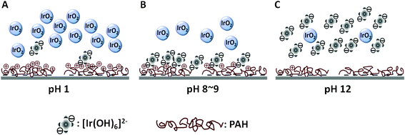 Envisaged illustration of the electrostatic interaction of iridium oxide colloid upon the glassy carbon electrode at pH 1 (A), 8–9 (B), and 12 (C).