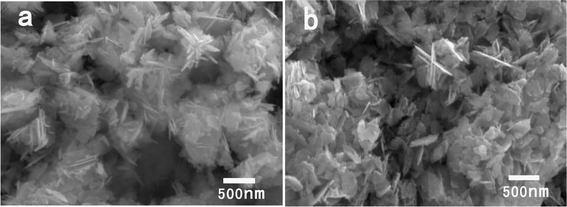 SEM images of the products synthesized with 40 mg zinc acetate dihydrate in 0.5 g BTMAH ionic liquid with 2 g water at different times (a) 10 s, (b) 5 min.