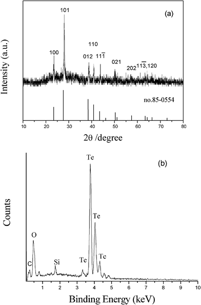 
            XRD pattern (a) and EDS analysis (b) of the product obtained from the system containing 0.5 mmol Na2TeO3 + 3 mL diluted HNO3 + 27 mL distilled water, at the deposition current of 8 mA in air for 5 min.