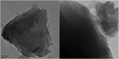 
            TEM images for the C-B-30-850 sample; the scale bar 50 nm refers to both images. Estimation of the pore widths gives 7.4–7.6 nm, which is close to the value provided in Table 1 for this sample.