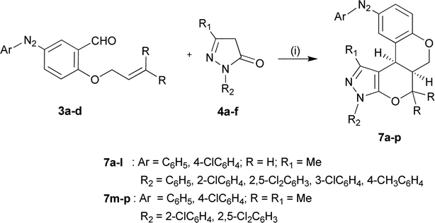 Synthesis of aryldiazenylchromeno-annulated pyrano-fused pyrazoles 7a–p (i) solvent-free, 180 °C.