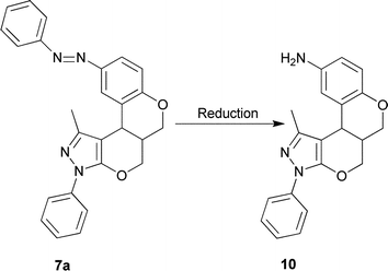 The reduction of diazenyl group and formation of amino benzopyran 10; reagent and condition: conc. HCl, SnCl2, 100 ˚C.