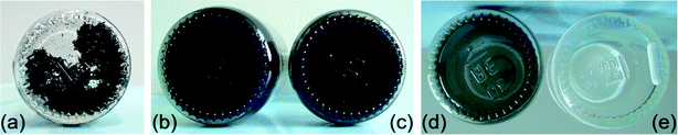 Dispersion of (a) 0.08 wt% of pristine CNTs, (b) 0.8 wt% of CNT–PAH, (c) 0.4 wt% of CNT–PAH, (d) 0.08 wt% of CNT–PAH in (e) a silica gel prepared by hydrolysis–condensation of 4.16 g of TEOS with 1.44 g of water (pH = 1, HCl).