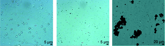 
            Optical micrographs of hybrid films made from (a) f-PMMA, (b) f-PMMA and CNT–COOH–APTES and (c) f-PMMA and CNT–PAH–SiO2.