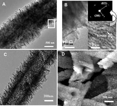 Microstructural examination of the prepared composite fibers. (A) TEM image of a single as-prepared PAN@γ–AlOOH fiber. (B) A local magnified image corresponding to the rectangular area marked in (A); The down-right inset: a high resolution TEM image corresponding to the rectangular area marked in (B); Up-right inset: the selected area electron diffraction pattern of a nanoplate vertical to the electron beam. (C) TEM image of a single PAN@γ–AlOOH after calcination at 550 °C, showing a tubular hollow structure. (D) FESEM image corresponding to the sample in (C).