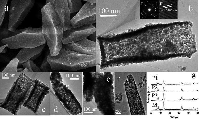 (a) SEM image of P1; (b,c) TEM images of P1 (inset of (b), I-SAED; II-HRTEM); (d) TEM image of P2; (e) TEM image of P3; (f) TEM image of M; (g) XRD patterns of four samples.