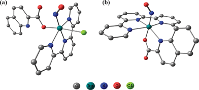 The DFT optimized geometry of (a) 1 and (b) [2]+. The hydrogen atoms are omitted for clarity.