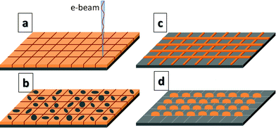 Schematic diagram of e-beam exposure pattern and dewetting. (a) Polymer film is exposed to e-beam in a square grid pattern. (b) Dewetting starts with the formation of holes in the unexposed area. (c) Holes grow in size and allow polymer to get accumulated along the high viscosity (exposed) regions. (d) The square grid of polymer eventually breaks up to form droplets at the intersection points.