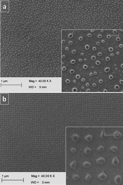 
          PS nano-droplets produced by the self-organized dewetting of 5.2 nm thick polymer film. (a) Randomly distributed PS nano-droplets produced by dewetting of unexposed film have mean diameter of 48 ± 18 nm and mean separation of 156 ± 37 nm. (b) Ordered PS nano-droplets by dewetting of e-beam exposed film have mean diameter of 35 ± 7 nm arranged in a 100 nm array over a large area (200 μm × 200 μm). Inset shows the magnified view of nano-droplets. Scale bar: 100 nm (inset).