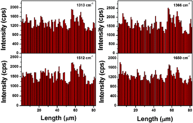 The intensities of the main Raman vibrations of R6G methanol solution (1 × 10−12 M) in 82 spot SERS line-scan spectra collected on the Ag NP assembly.