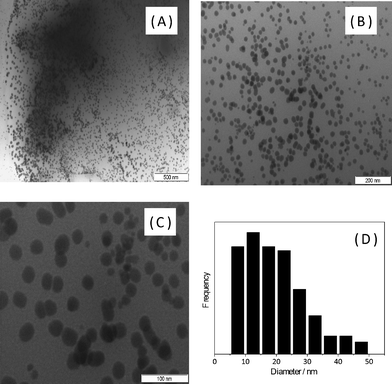 TEM micrographs of the PANI/Ag composite registered in different magnifications (A, B, C) and particle size histogram (D).