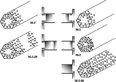 
            PEI coverage schemes inside silica channels and on the external surface for samples M-1, M-1′, M-2, M-3-25 and M-3-50.