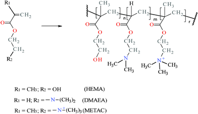 Chemical structures of the acrylic monomers HEMA, METAC, DMAEA, and the HMD copolymer hydrogels.