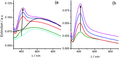 (a) UV-Vis extinction spectra evolution of a silver (i)/alkali solution containing Ag2O–MPs during its aging at 25 °C, for: (black) 0 (freshly prepared), (cyan) 3, (green) 10, (red) 24, (blue) 33, and (pink) 38 days. (b) Extinction spectra of metallic AgNPs produced by the decomposition at 25 °C of a Ag2O–MPs containing silver (i)/alkali solution, revealed with concentrated ammonia addition for increasing reaction time: (green) 17, (red) 24, (blue) 38, and (pink) 50 days.