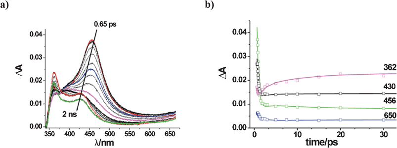 Transients formed upon the excitation of a 7 × 10−4 M solution of TCB in MeCN by means of a 70 fs FWHM laser pulse at 266 nm: (a) Absorbance changes; b) Reproduction of absorbance changes at key wavelengths, as obtained by global kinetic analysis (see text).