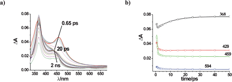 Transients formed upon excitation of a 7 × 10−4 M solution of TCB in MeCN in the presence of 0.5 M cyclohexane. (a) Absorbance changes; b) Reproduction of absorbance changes at key wavelengths, as obtained by global kinetic analysis (see text).