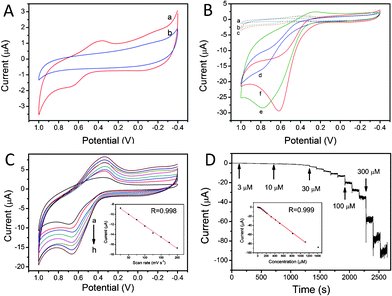 (A) CVs of (a) the GO/MnO2/GCE and (b) the bare GCE in 0.1 M pH = 7 PBS at a scan rate of 100 mV s−1; (B) CVs of (a, d) bare GCE, (b, e) MnO2/GCE, (c, f) GO/MnO2/GCE in the absence of hydrazine (a, b, c), and presence of 1 mM hydrazine (d, e, f) in pH = 7 PBS; (C) CVs of GO/MnO2/GCE in 0.1 M pH = 7 PBS and 0.3 mM hydrazine at various scan rates of 25, 50, 75, 100, 125, 150, 175, 200 mV s−1. Inset: plot of peak current vs. scan rate; (D) Amperometric response of the GO/MnO2/GCE with successive additions of hydrazine to 0.1 M pH = 7 PBS at an applied potential of 0.6 V. Inset: the corresponding calibration curve.