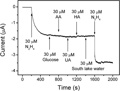 Amperometric response of GO/MnO2/GCE to 30 μM hydrazine and different interferences of 30 μM glucose, 30 μM ascorbic acid, 30 μM uric acid, 30 μM humic acid and 30 μM South Lake water in stirring 0.1 M pH = 7 PBS. The working potential was 0.6 V.