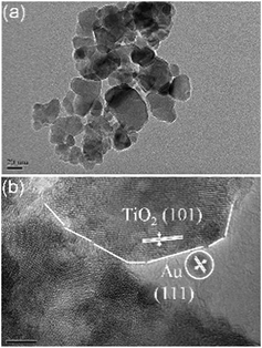 (a) Low-magnification and (b) high-magnification HRTEM images of TNA-3.