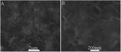 (A) Low and (B) high magnification SEM images of rGO–ZnO–ZnP composites.