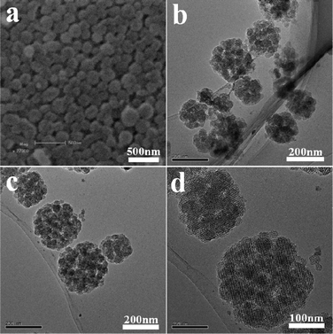 
          SEM (a) and TEM (b–d) images of the calcined HMSN-2.