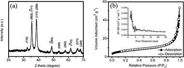 (a) XRD partten and (b) N2 adsorption and desorption isotherms for leaf-like CuO mesocrystals.