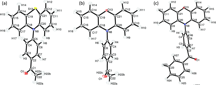 The molecular structure of PAS (a), PAO (b) and PBO (c) and atomic labelling. Thermal displacement ellipsoids are drawn at the 50% probability level (ORTEP-3).34