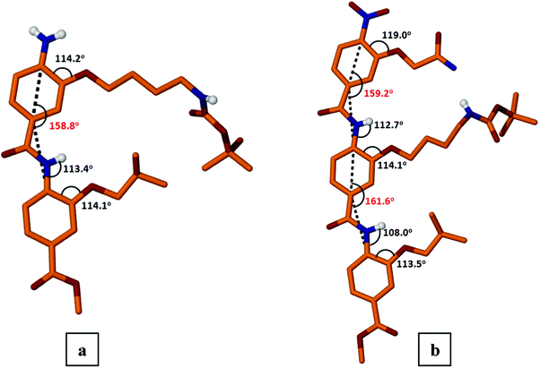 Molecular structures of dimer 7 (panel a) and trimer 9f (panel b). Carbon hydrogen atoms not shown for clarity.