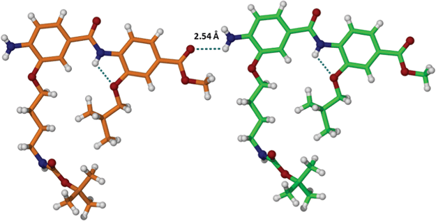 Intermolecular H-bonding between COOMe and NH2 groups of the neighbouring dimer 7 molecules.