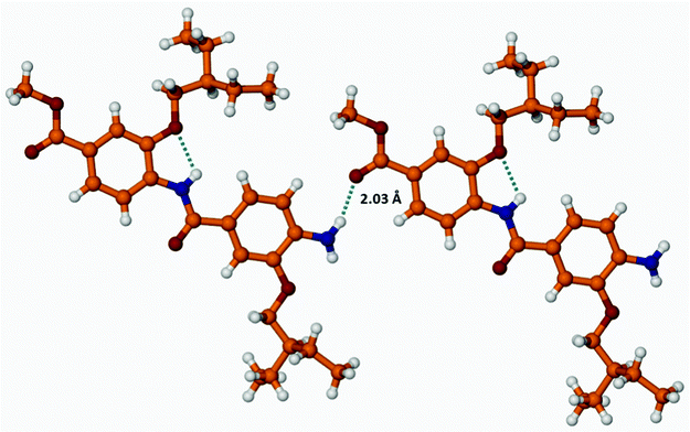 Formation of an intermolecular H-bonds between dimer 14c molecules through the interaction of NH2–and OC–OMe groups.