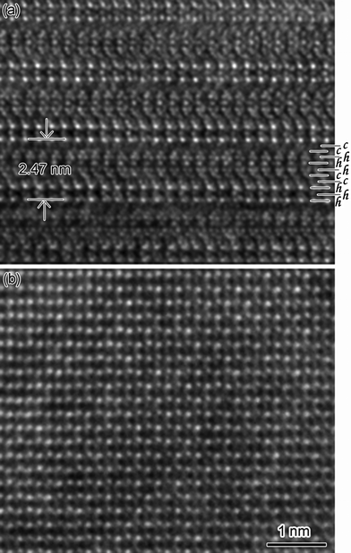 (a) The HRTEM image of BFCO thin films showing the characteristic stacking sequence in the 10-H hexagonal BFCO perovskite. (b) The HRTEM image of BFCO with the electron beam aligned along the [001] zone axis.