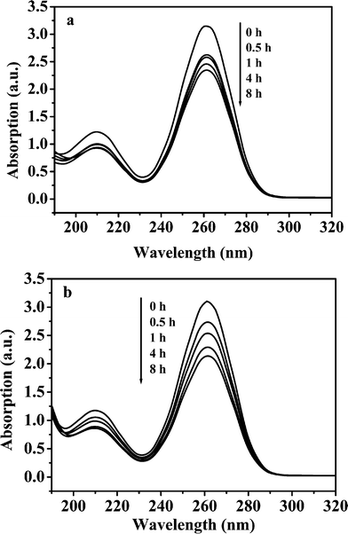 UV absorption spectra of 0.25 mol L−1 TAA aqueous solution (dilution 1:1000) after different heat treatment times at 80 °C in the presence or absence of NaCl. (a) Pure water, and (b) 0.50 mol L−1 NaCl.