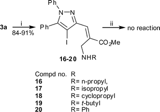 
          Reagents and conditions: (i) RNH2, MeOH, rt, 30 min; (ii) CuI (0.1 eq), l-proline (0.2 eq), K3PO4 (2.0 eq), DMSO, 90 °C, 12 h.