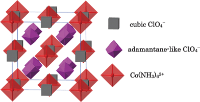 The arrangement of the polyhedral blocks in the unit cell of [Co(NH3)6](ClO4)3 in phase I. The two types of the orientational disorder of the ClO4− anions are indicated.