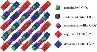 The arrangement of the polyhedral blocks in the unit cell of [Co(NH3)6](ClO4)3 in phase II. The two types of cations and three types of anions are indicated.