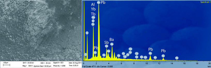 SEM image (x1000) of UCMarker-4 and EDS spectrum of its GSR particles acquired directly on aluminium plate.