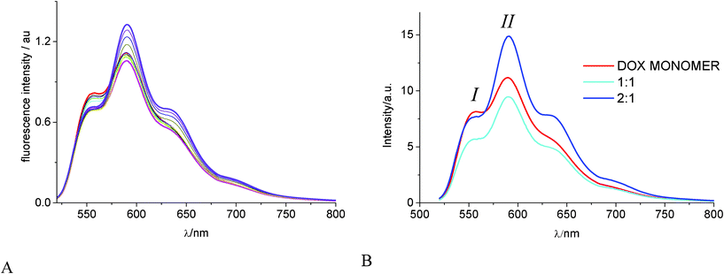 (A) Fluorescence intensity changes of DOX 1.0 × 10−5 M in 0.01 M phosphate buffer at pH 7.4 and 22 °C, upon titration with γ-CyD in the range 1.0 × 10−4 M–1.6 × 10−2 M. (B) Separated emission spectra of DOX monomer (red); 1 : 1 (cyano); 2 : 1 (blue) γ-CyD:DOX complexes, corresponding to log(K11/M−1) = 2.3 ± 0.3 and log(K21/M−2) = 4.9 ± 0.1