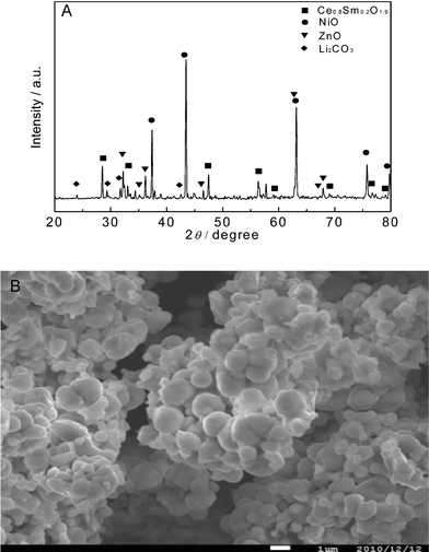 (A) XRD patterns of the as-prepared SDC–LiNiCuZn-oxides composite and NSDC. (B) SEM image of the single-component.