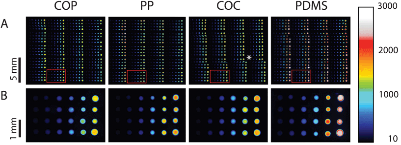 Fluorescent scans of dilution series printed onto COP, PP, COC, and PDMS. Eighty replicas of a dilution series per printing-block are immobilized onto the different materials, distributed over 20 prints (row A) with 4 replicas per print (row B). Each droplet has a volume of 1 nL, depositing on each sub-array (from left to right) 50 amol, 100 amol, 200 amol, 400 amol, 800 amol, and 1600 amol of primer. Scanning is done in the Cy5 channel with exposure times of 500 ms. Intensities can be qualitatively assessed by using the colour scale on the right. (*) misalignment of individual images due to the scanning software FIPS.