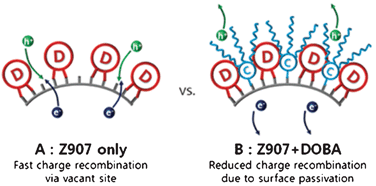 Illustration of TiO2 surface sensitized with Z907 (device-A), and Z907 + DOBA (device-B).