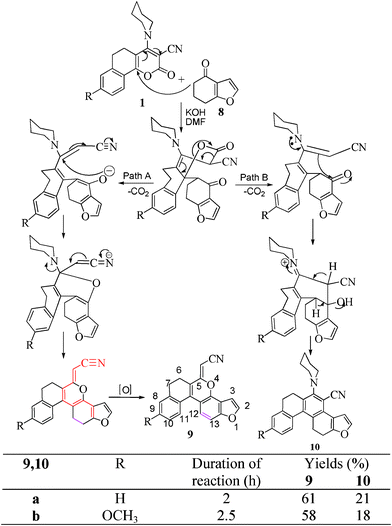 Proposed mechanism involved in the synthesis of (6,7-dihydro-1,4-dioxabenzo[g]cyclopenta[a]phenanthren-5-ylidene)acetonitrile 9 and 6,7,12,13-tetrahydro-5-(piperidin-1-yl)-1-oxacyclopenta[a]benzo[c]-phenanthrene-4-carbonitrile 10.