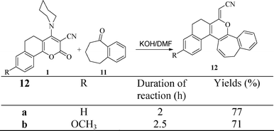 Synthesis of (5,6-dihydro-14H-8-oxabenzosuberano[1,2-c]phenanthren-7-ylidene)acetonitriles 12.