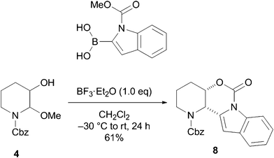 Addition of 1-(N-methoxycarbonyl)indole-2-boronic acid to N,O-acetal 4.