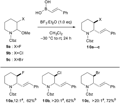 Scope of β-position substituents of N,O-acetals in the diastereoselective reaction with (E)-2-styrylboronic acid. a The diastereomeric ratio was determined by 1H NMR spectroscopy of the crude mixture. b The yield of the isolated product after purification by column chromatography.