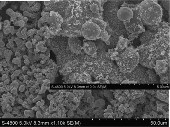 SEM images of the after-test anode surface; the morphology shows no carbon fiber or carbon whiskers attached to the anode material.