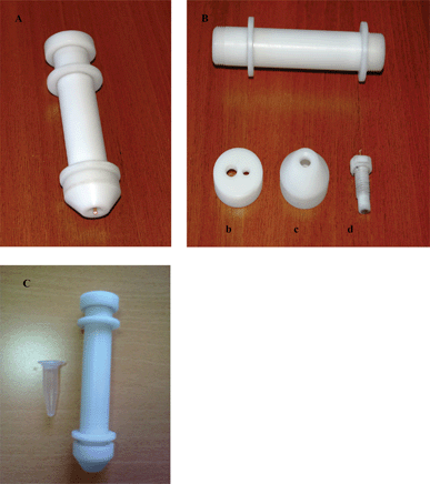 A) Biocentri-voltammetric cell, B) Parts of the biocentri-voltammetric cell: body (a), cover for reference and counter electrode (b), protective cover for working electrode (c) and carbon paste working electrode (d), C) Eppendorf tube with the voltammetric cell, scale (1 : 2).